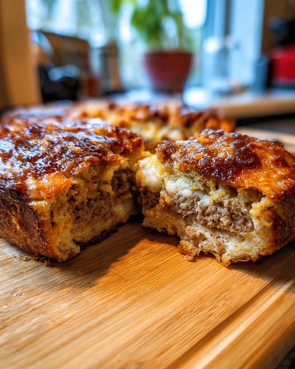 A slice of savory Bagel Breakfast Casserole with layers of sausage, cheese, and baked bagel pieces.