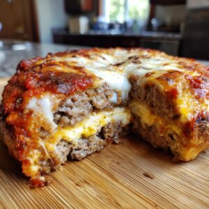A slice of Bagel Breakfast Casserole with layers of meat, cheese, and tomato sauce on a wooden board.