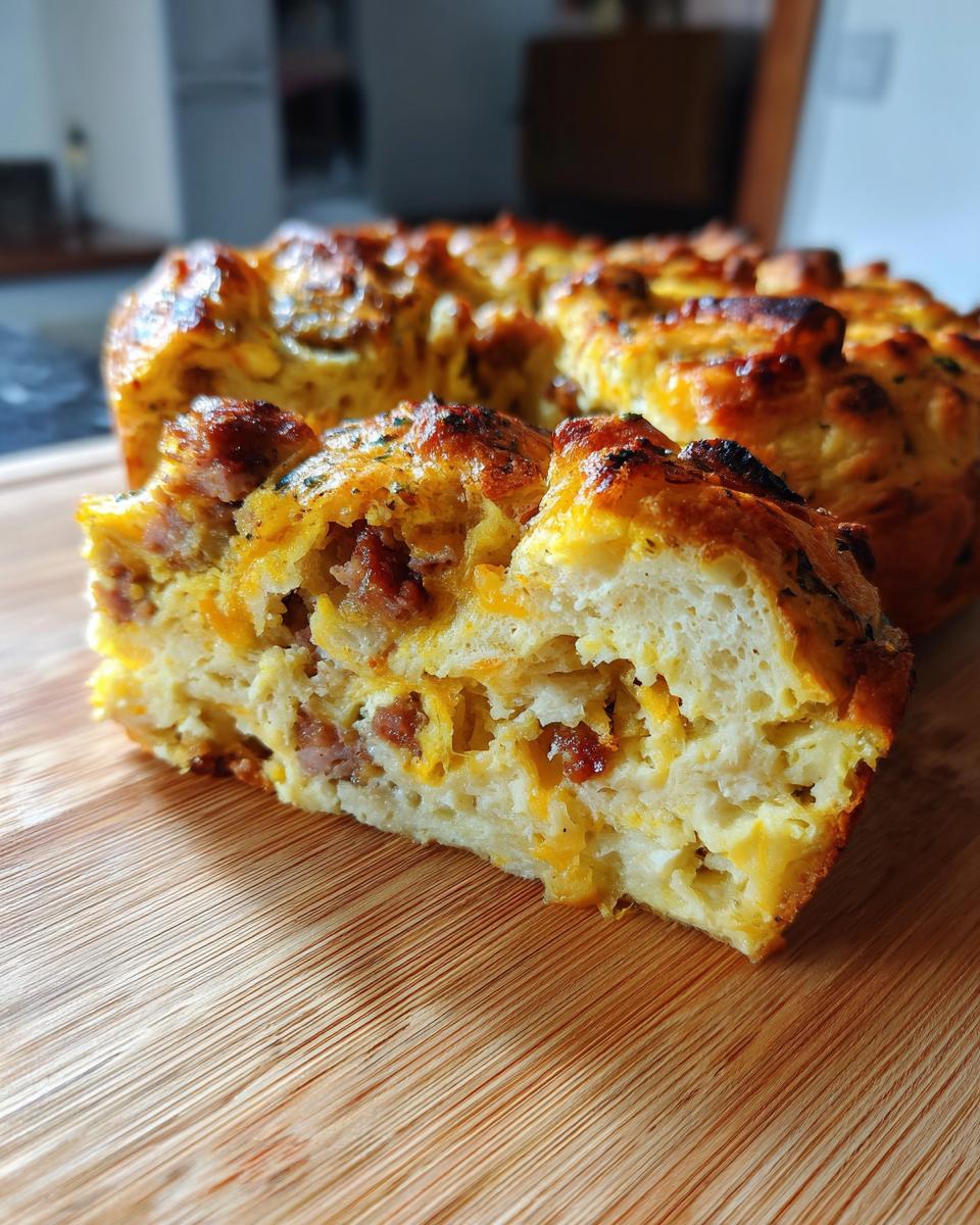 A slice of golden-brown Bagel Breakfast Casserole filled with savory sausage and melted cheese.
