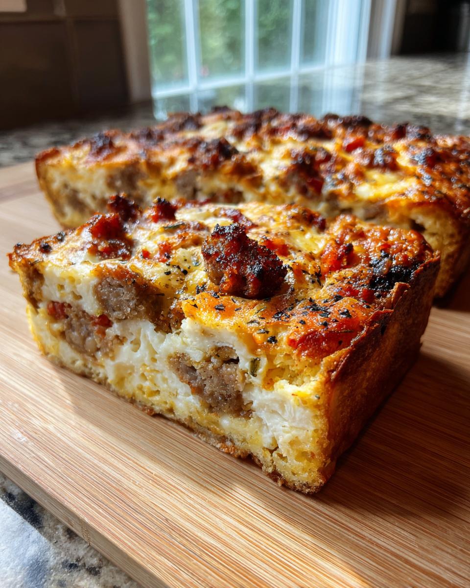 A slice of savory Bagel Breakfast Casserole with sausage and egg on a wooden cutting board.