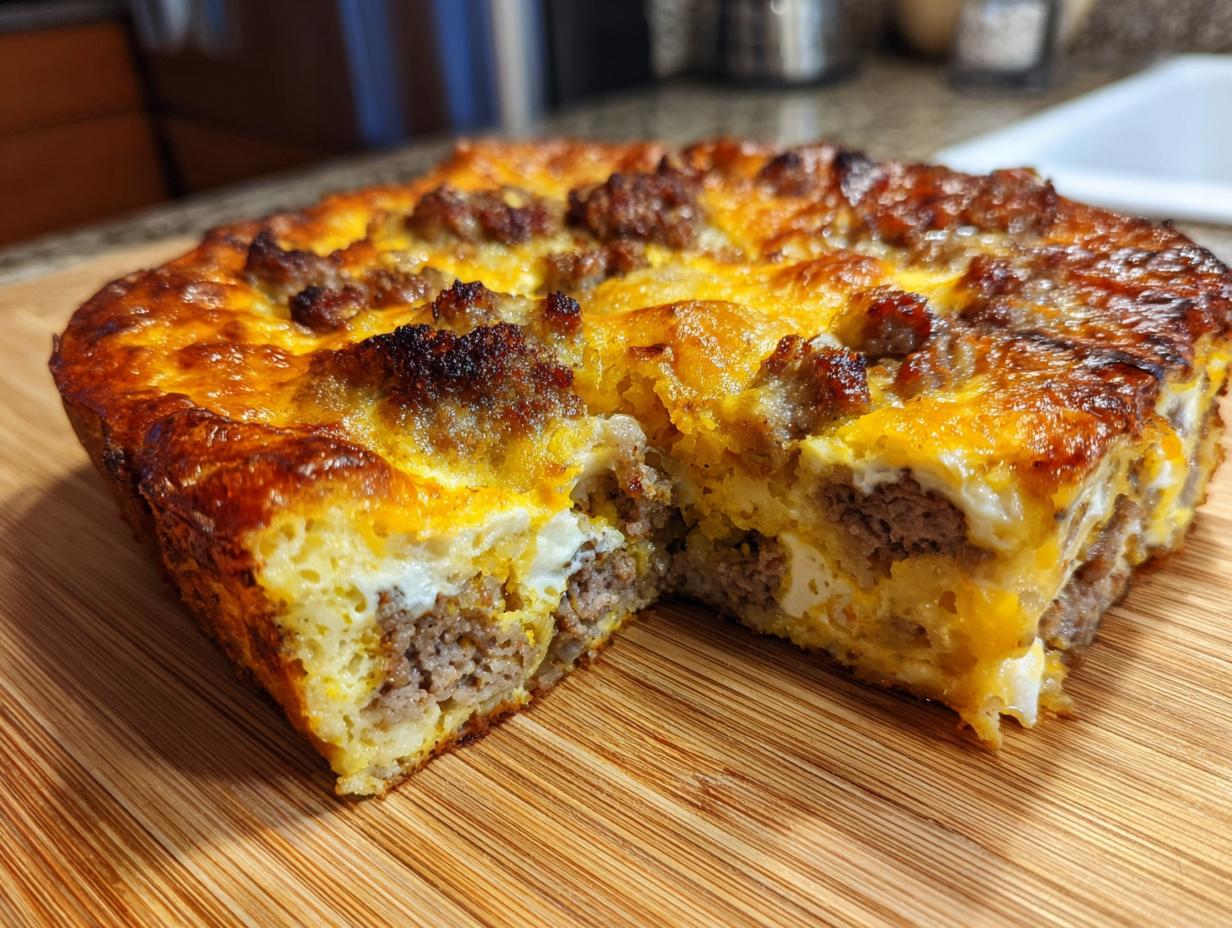 A golden-brown slice of Bagel Breakfast Casserole, featuring layers of sausage, eggs, and melted cheese on a wooden cutting board.
