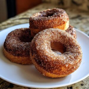 A close-up of three baked apple cider donuts coated in cinnamon sugar on a white plate.