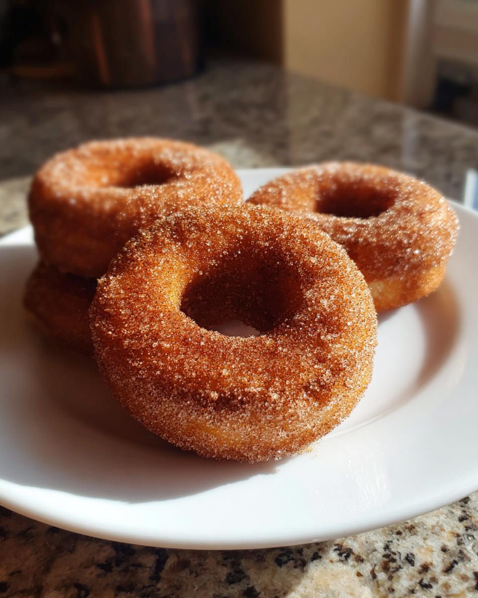 Close-up of three fluffy baked apple cider donuts coated in cinnamon sugar on a white plate.