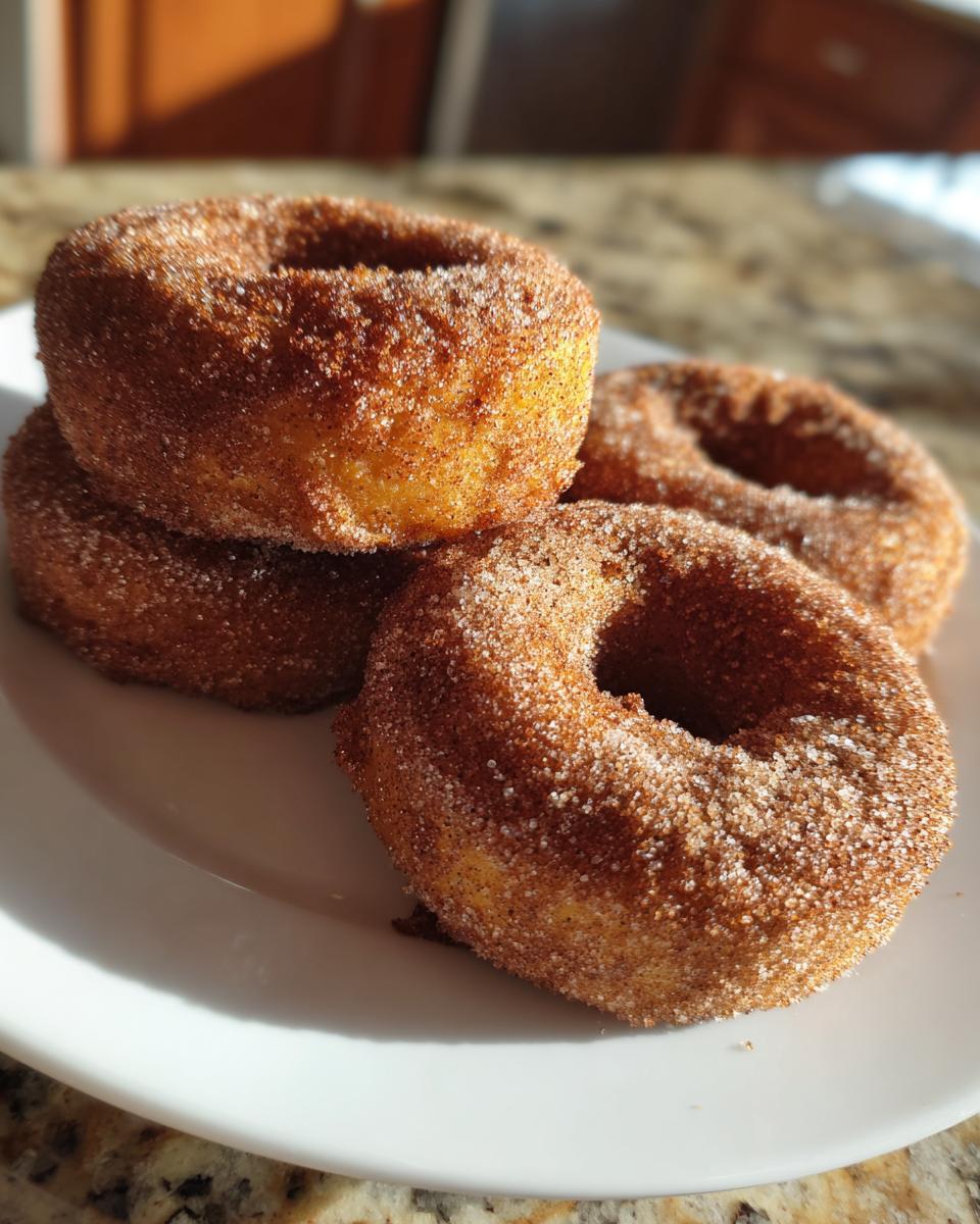 A close-up of four freshly baked apple cider donuts coated in cinnamon sugar, stacked on a white plate.