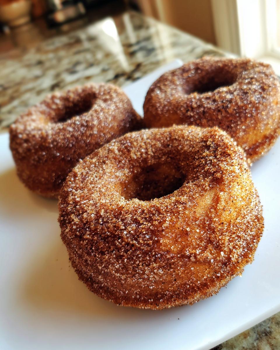Three freshly baked apple cider donuts coated in cinnamon sugar on a white plate.