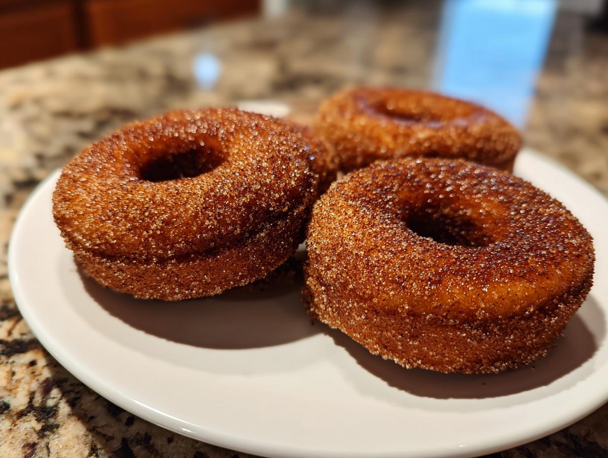 Three freshly baked apple cider donuts coated in cinnamon sugar on a white plate.