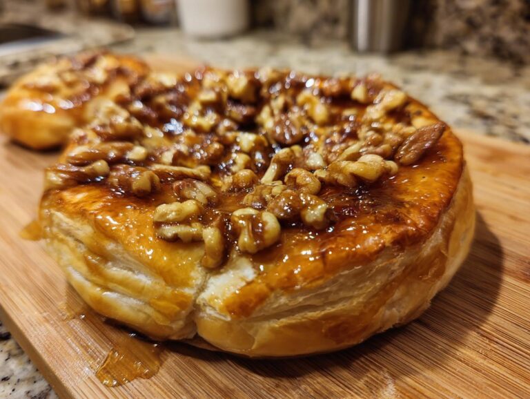 Close-up of a golden-brown Baked Brie topped with glossy honey and crunchy walnuts on a wooden board.