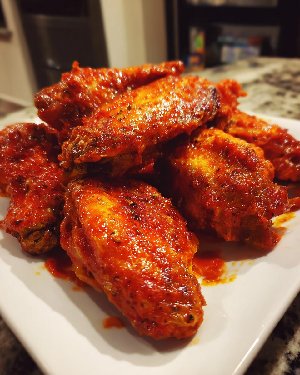 A close-up shot of a pile of glistening baked buffalo wings coated in a vibrant red sauce on a white plate.