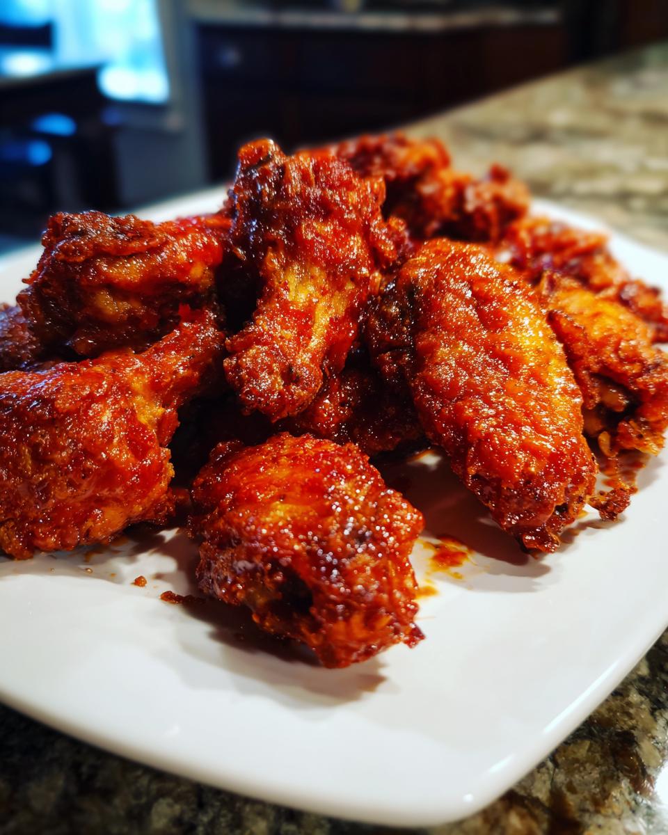 A close-up shot of a pile of glistening baked buffalo wings coated in a spicy red sauce on a white plate.