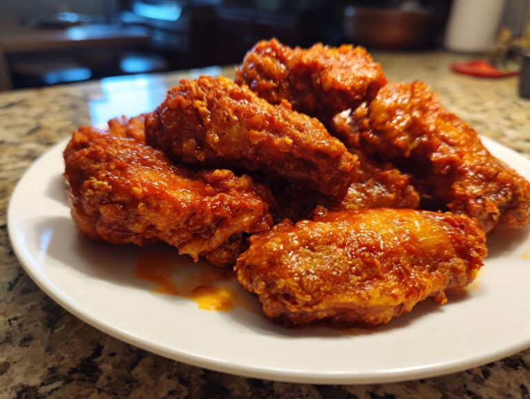 A close-up of a pile of juicy, baked buffalo wings coated in a spicy red sauce on a white plate.