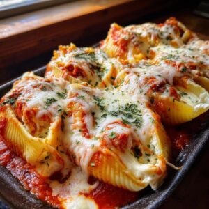 A close-up of baked stuffed shells covered in marinara sauce and melted mozzarella cheese, sprinkled with parsley.