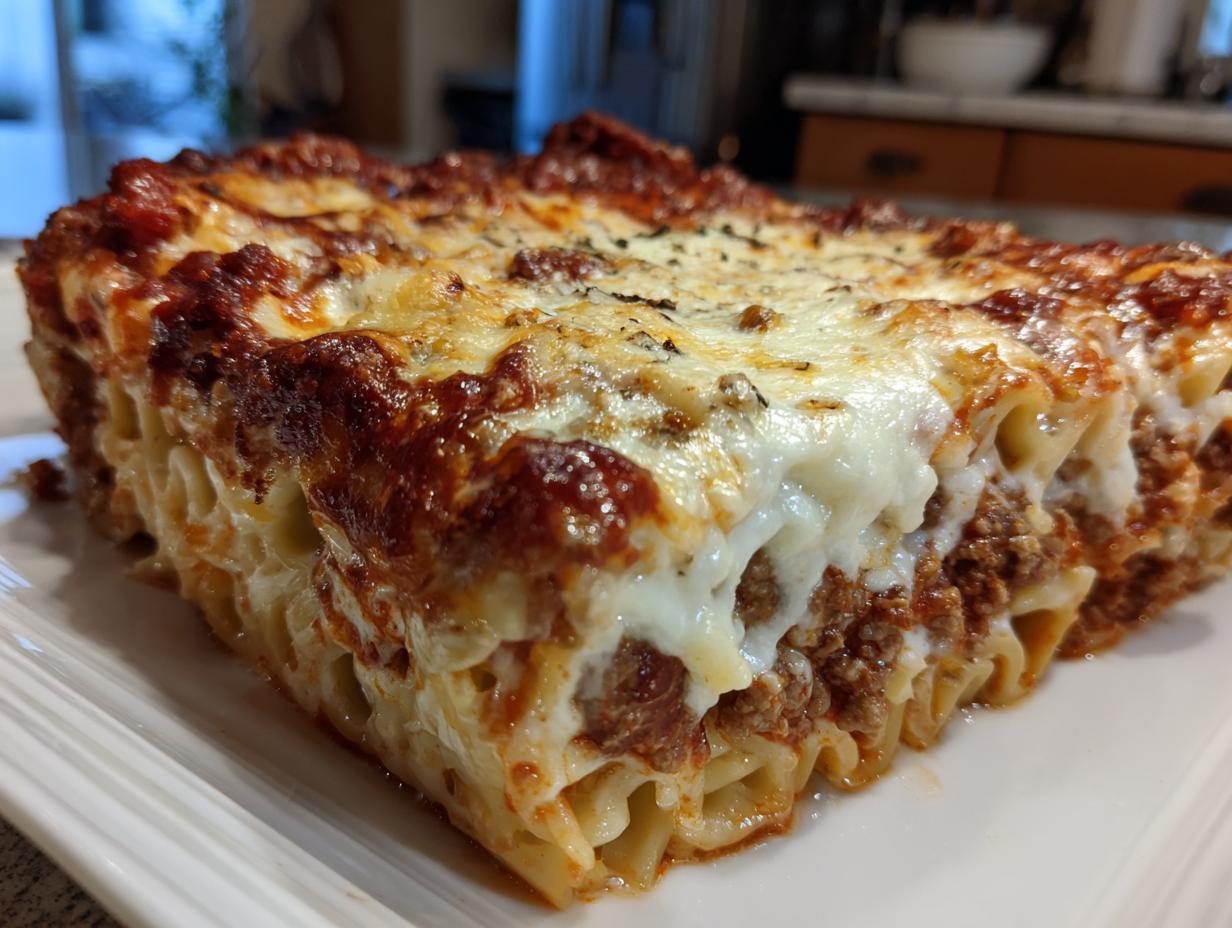 A close-up shot of a hearty slice of baked ziti, featuring layers of pasta, meat sauce, and melted cheese.