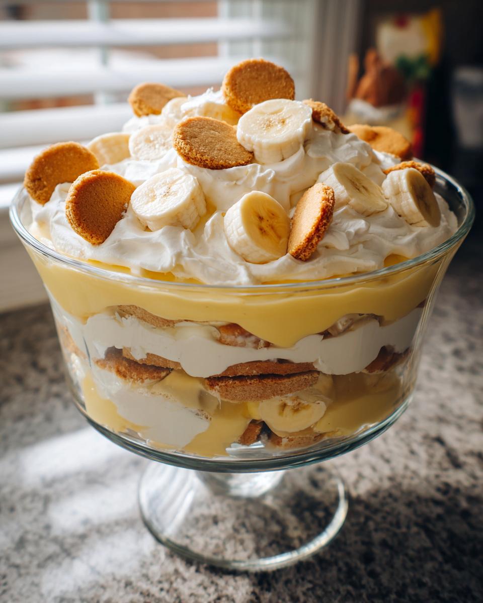 A large glass trifle bowl filled with layers of creamy banana pudding, vanilla wafers, and fresh banana slices, topped with whipped cream and more toppings.