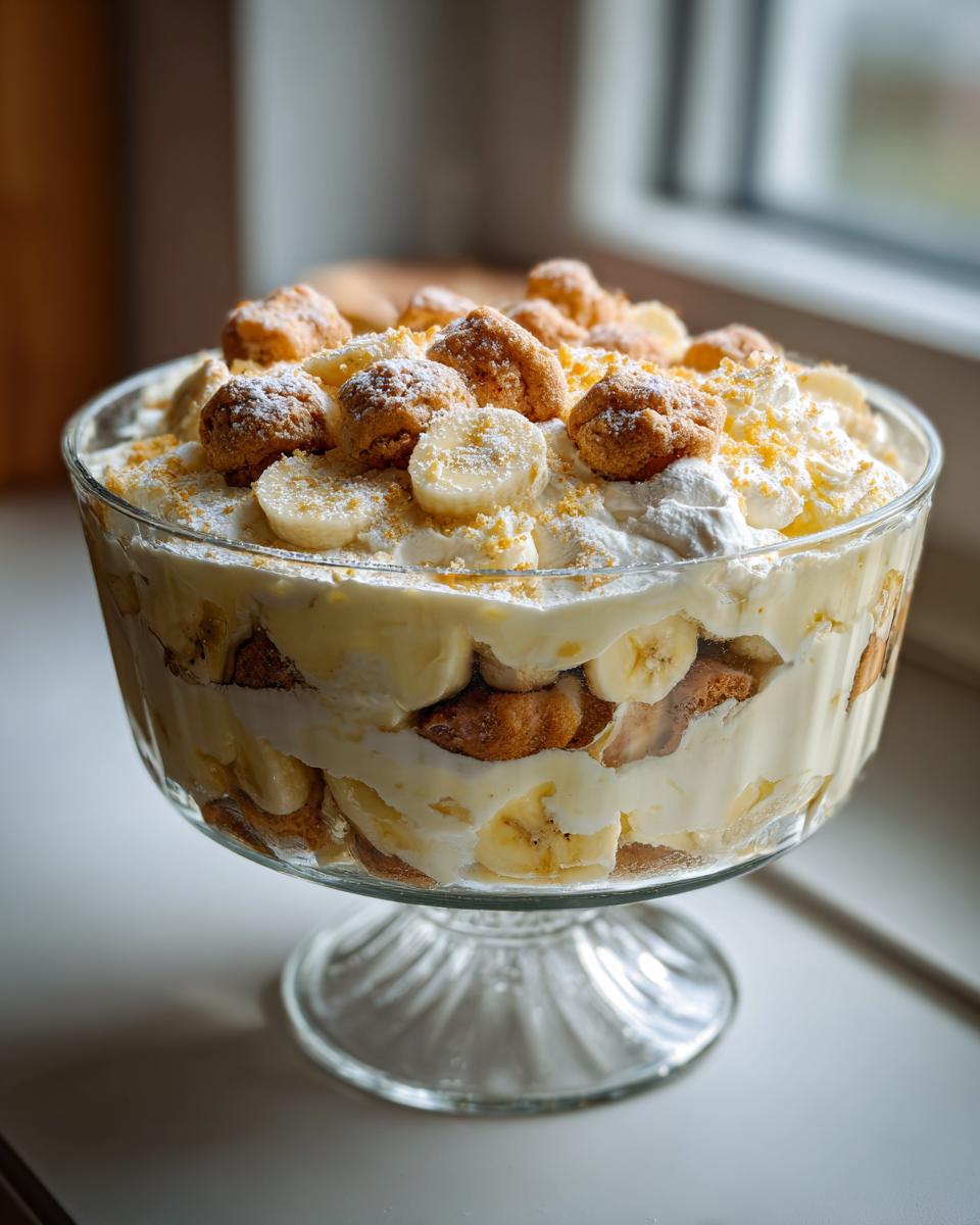 A close-up of a layered banana pudding dessert in a glass trifle bowl, topped with whipped cream, banana slices, and cookies.