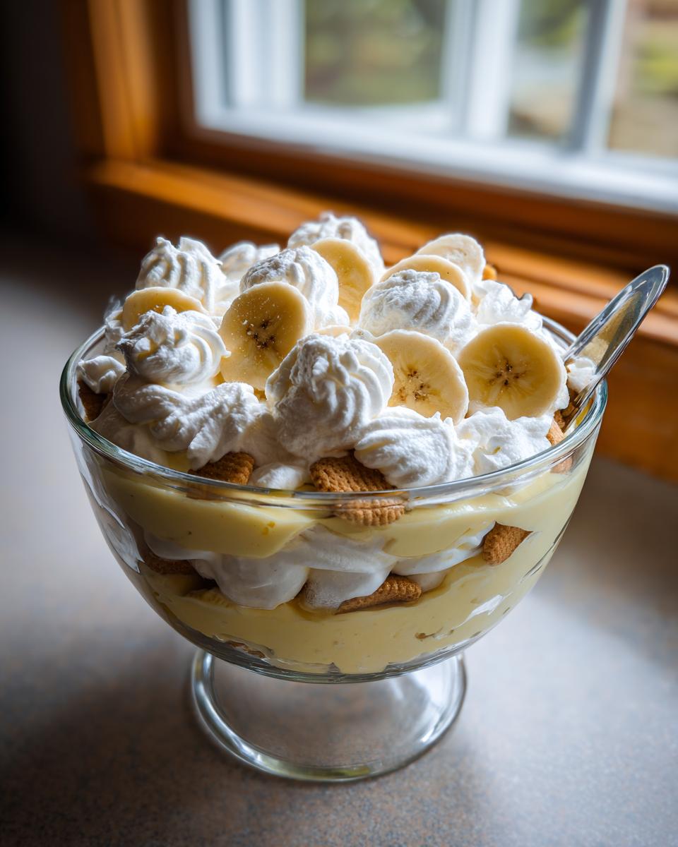 A close-up of a layered banana pudding dessert in a glass trifle bowl, topped with whipped cream and banana slices.