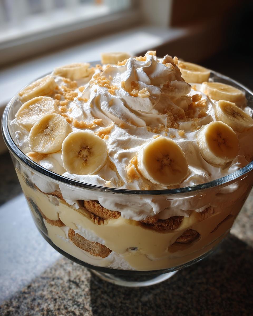 A close-up of a large glass trifle bowl filled with creamy banana pudding, layers of vanilla wafers, and topped with whipped cream and fresh banana slices.
