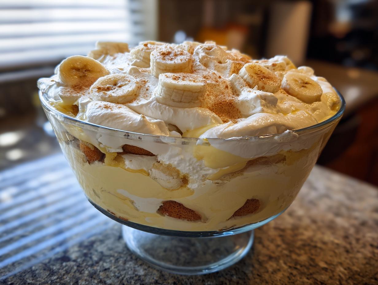 A large glass trifle bowl filled with layers of creamy banana pudding, vanilla wafers, and whipped cream, topped with sliced bananas and cinnamon.