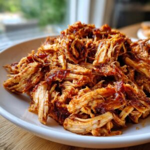 Close-up of a white bowl filled with tender, shredded BBQ pulled chicken coated in a rich sauce.