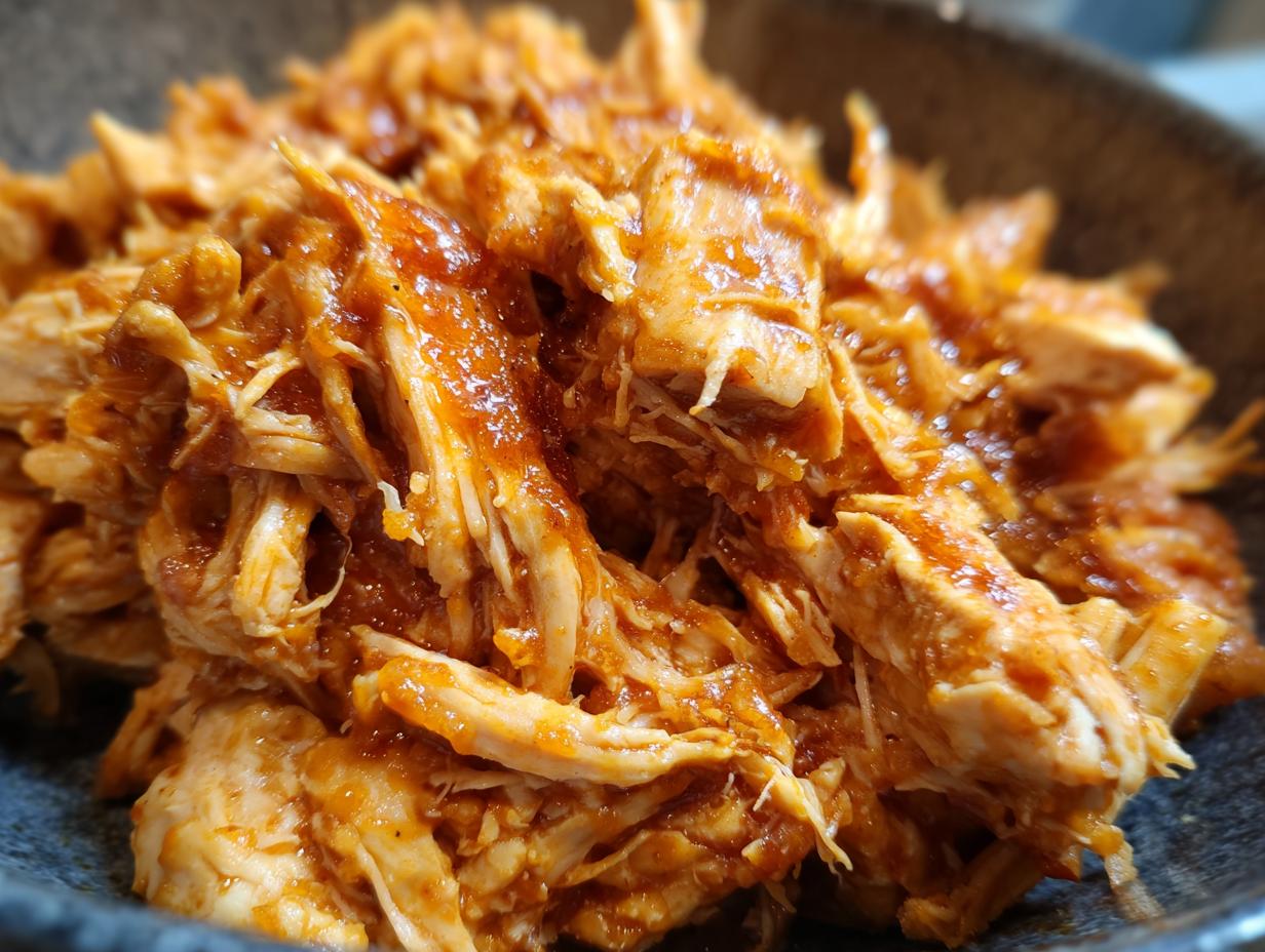 Close-up of tender BBQ pulled chicken coated in a rich, glossy sauce, served in a dark bowl.