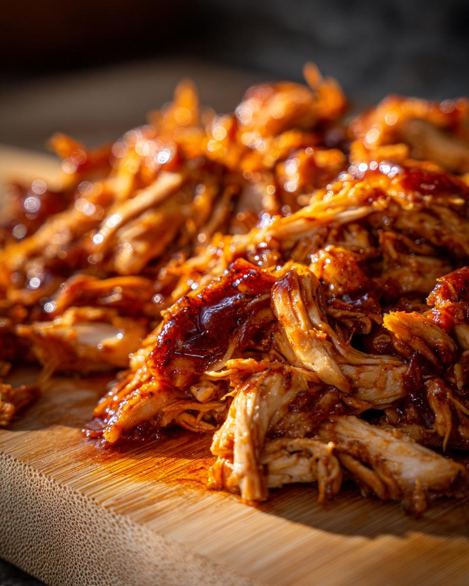 Close-up of juicy BBQ pulled chicken glistening with sauce on a wooden board.