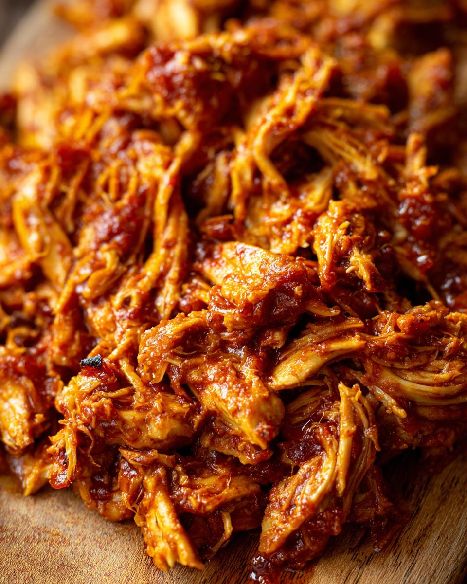 A close-up, mouthwatering shot of tender BBQ pulled chicken, glistening with sauce.