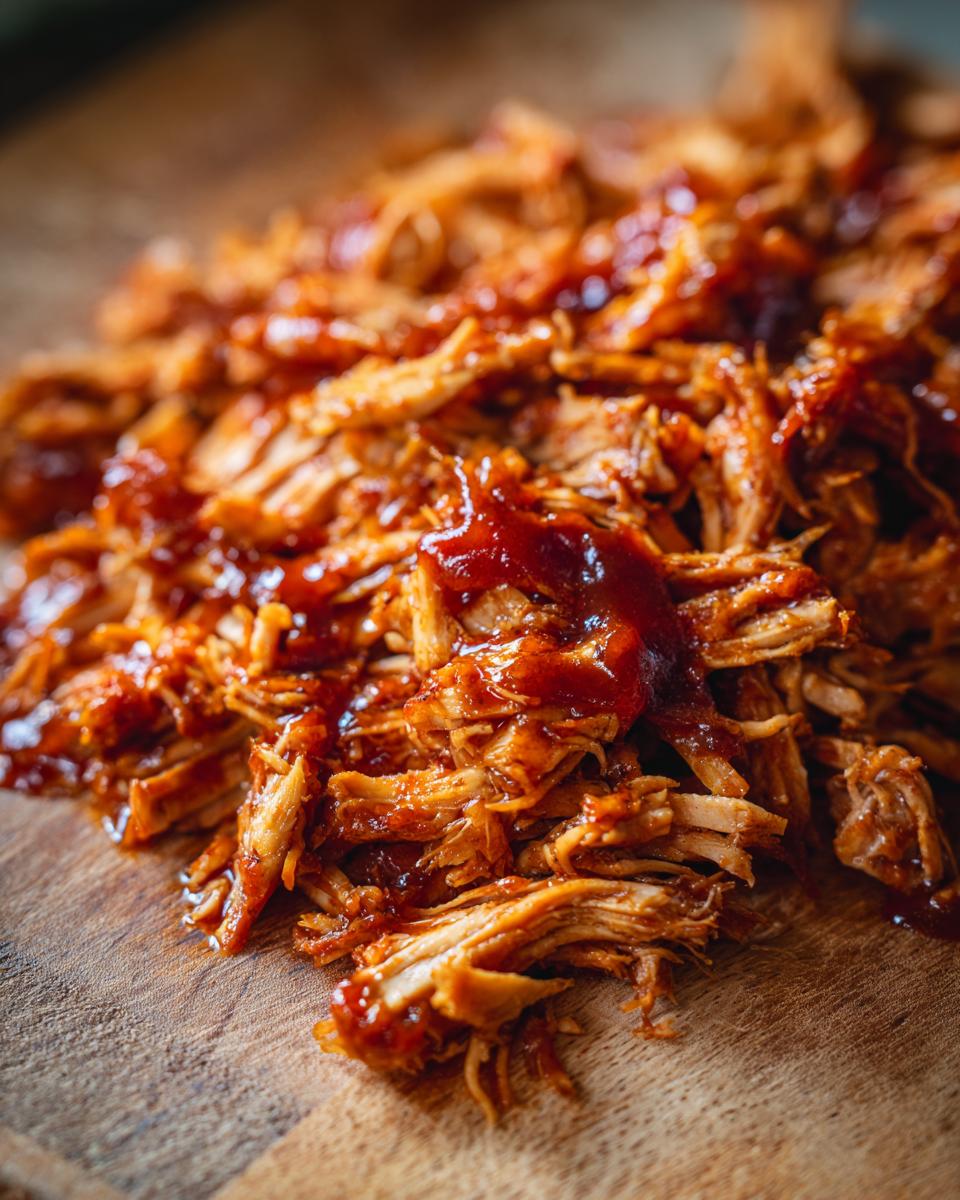 Close-up shot of shredded BBQ pulled chicken glistening with sauce on a wooden cutting board.