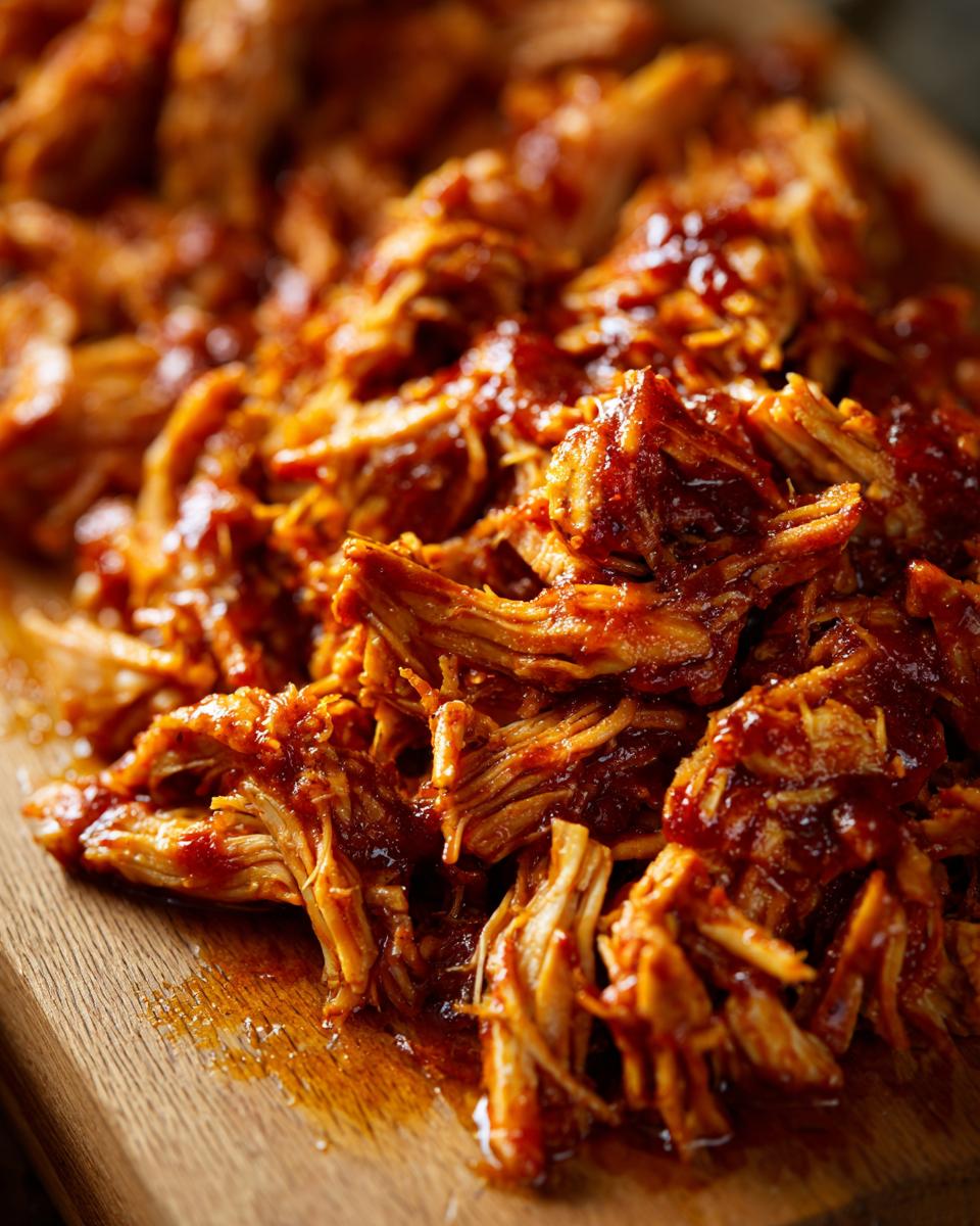 Close-up shot of tender, shredded BBQ pulled chicken coated in a rich, glossy sauce on a wooden board.