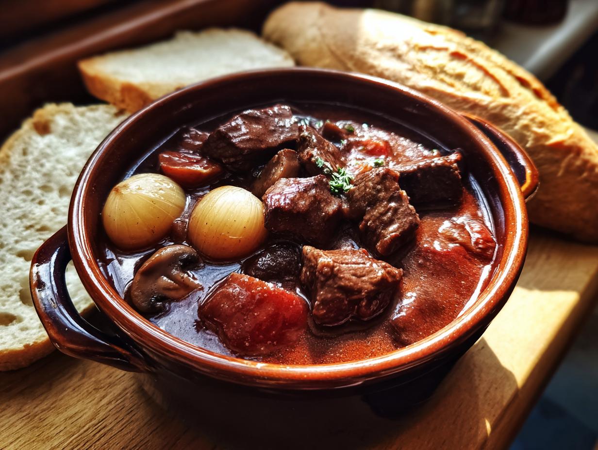 A close-up of a bowl filled with tender Beef Bourguignon, featuring chunks of beef, pearl onions, mushrooms, and a rich red wine sauce.