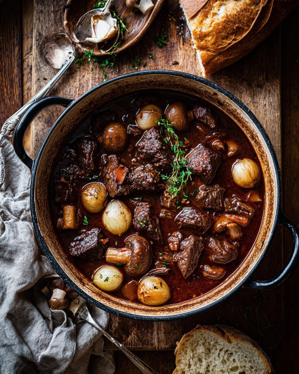 A close-up overhead view of a rich Beef Bourguignon stew in a black Dutch oven, featuring tender beef chunks, pearl onions, and mushrooms.