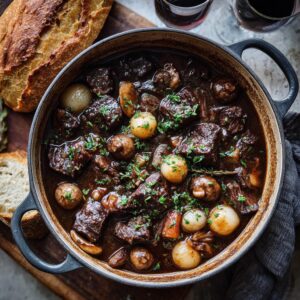 A rich and flavorful Beef Bourguignon simmering in a black Dutch oven, garnished with fresh parsley.