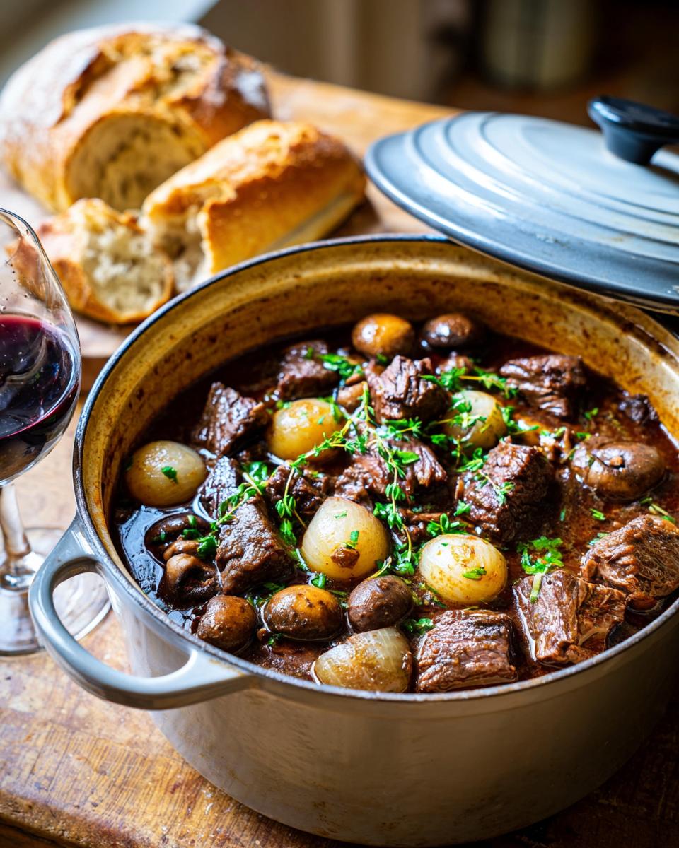 A close-up of a rustic Dutch oven filled with tender Beef Bourguignon, featuring chunks of beef, pearl onions, and mushrooms, garnished with fresh thyme.