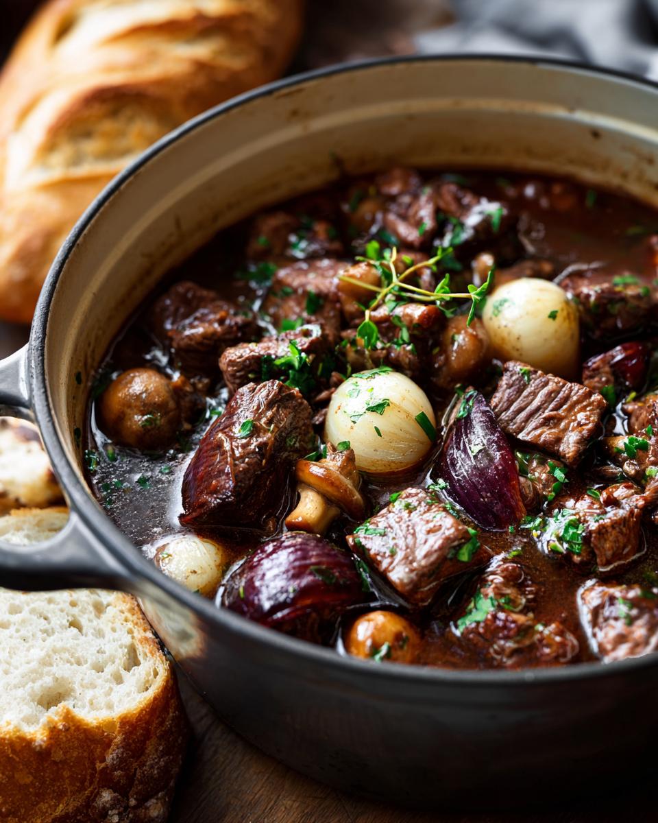Close-up of tender Beef Bourguignon stew with pearl onions, mushrooms, and herbs in a black Dutch oven.