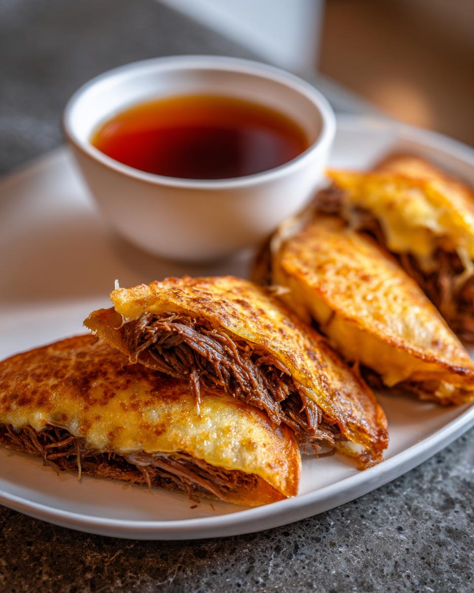 Close-up of crispy Birria tacos filled with shredded beef, served with a side of consommé.