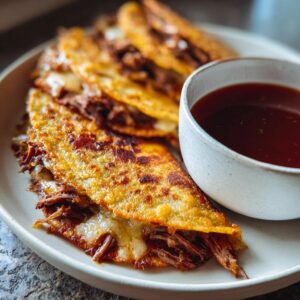 Close-up of golden-brown Birria tacos filled with shredded meat and cheese, served with a side of rich consommé.