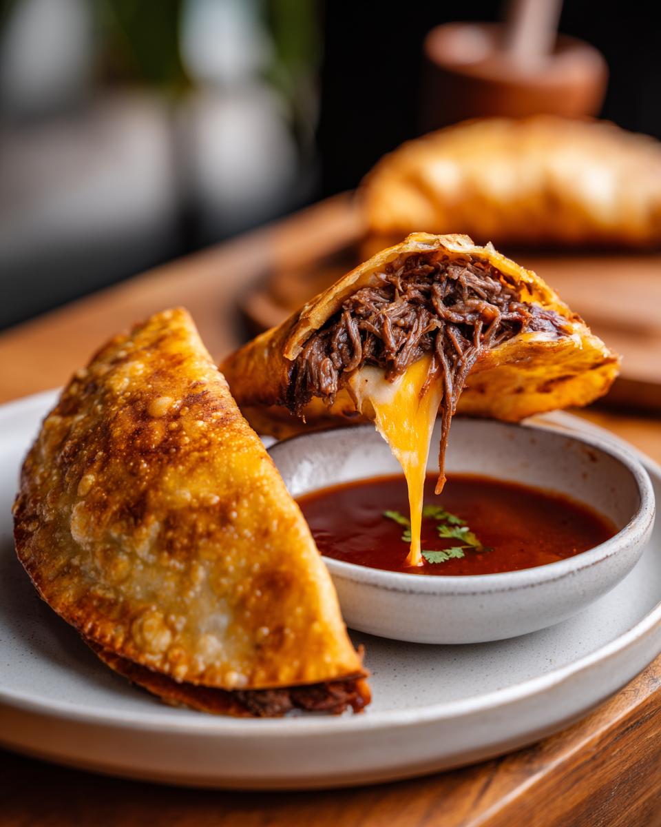 Close-up of crispy Birria tacos filled with shredded beef and melting cheese, served with a side of consommé.