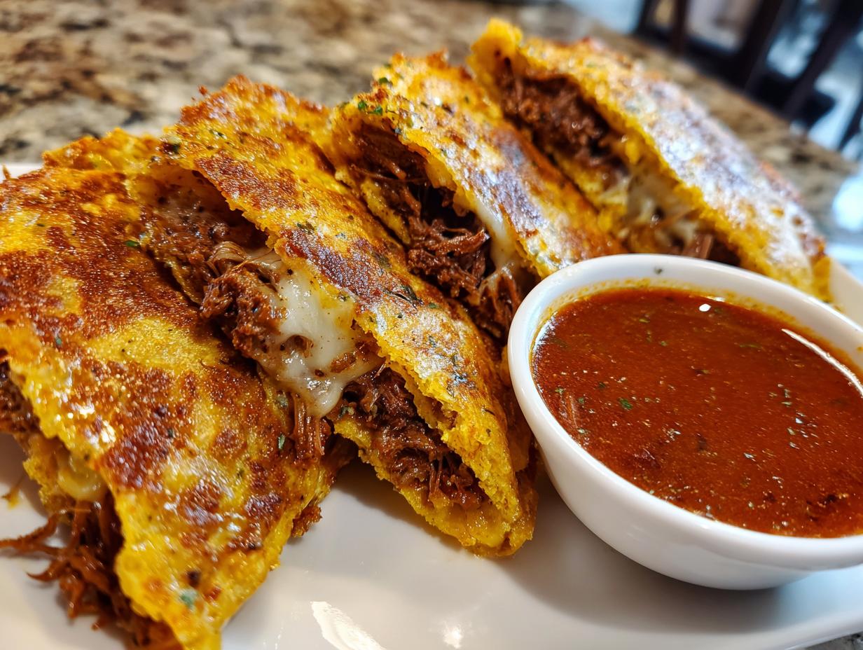 Close-up of golden-brown, crispy birria tacos filled with shredded beef and melted cheese, served with a side of rich consommé.
