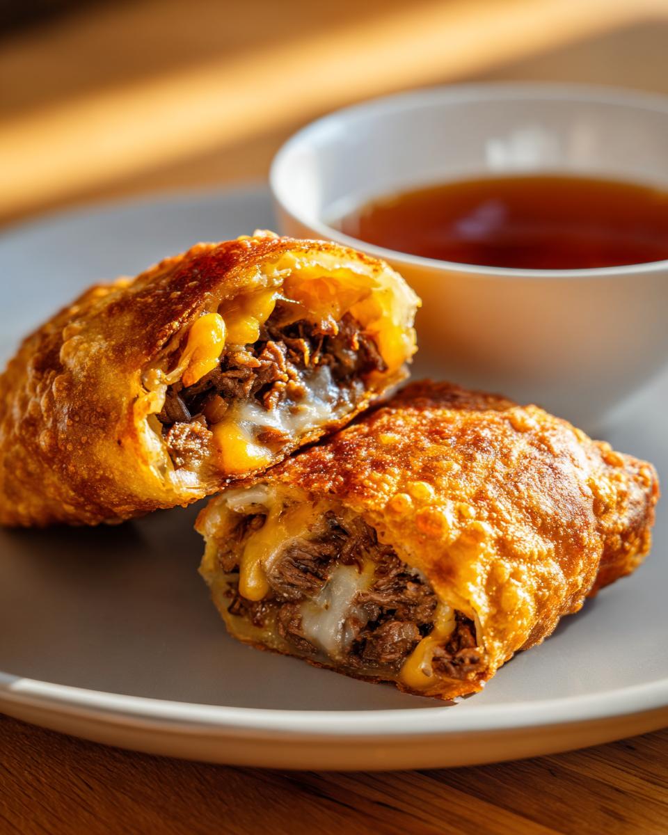 Close-up of two crispy fried birria tacos, cut in half, revealing shredded beef and melted cheese, with a bowl of consommé in the background.