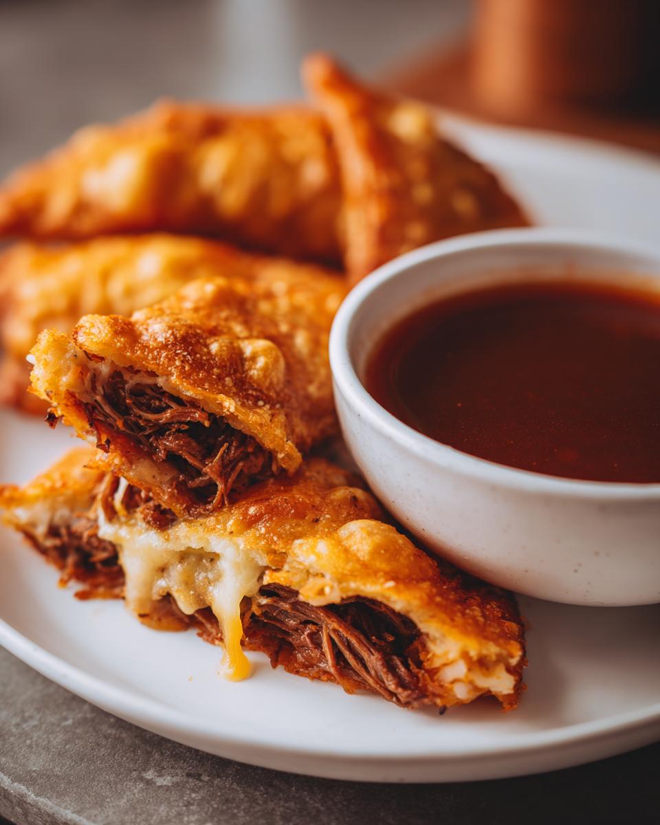 Close-up of crispy fried birria tacos filled with tender shredded beef and melted cheese, served with a side of consommé.
