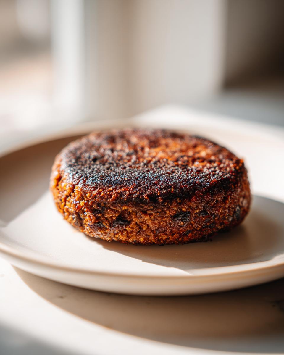A single, perfectly cooked black bean burger on a light-colored plate, showcasing its textured surface and rich color.