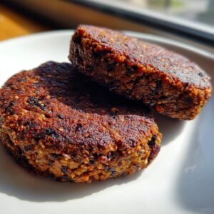 Close-up of two perfectly cooked black bean burgers stacked on a white plate, showing their textured interior.