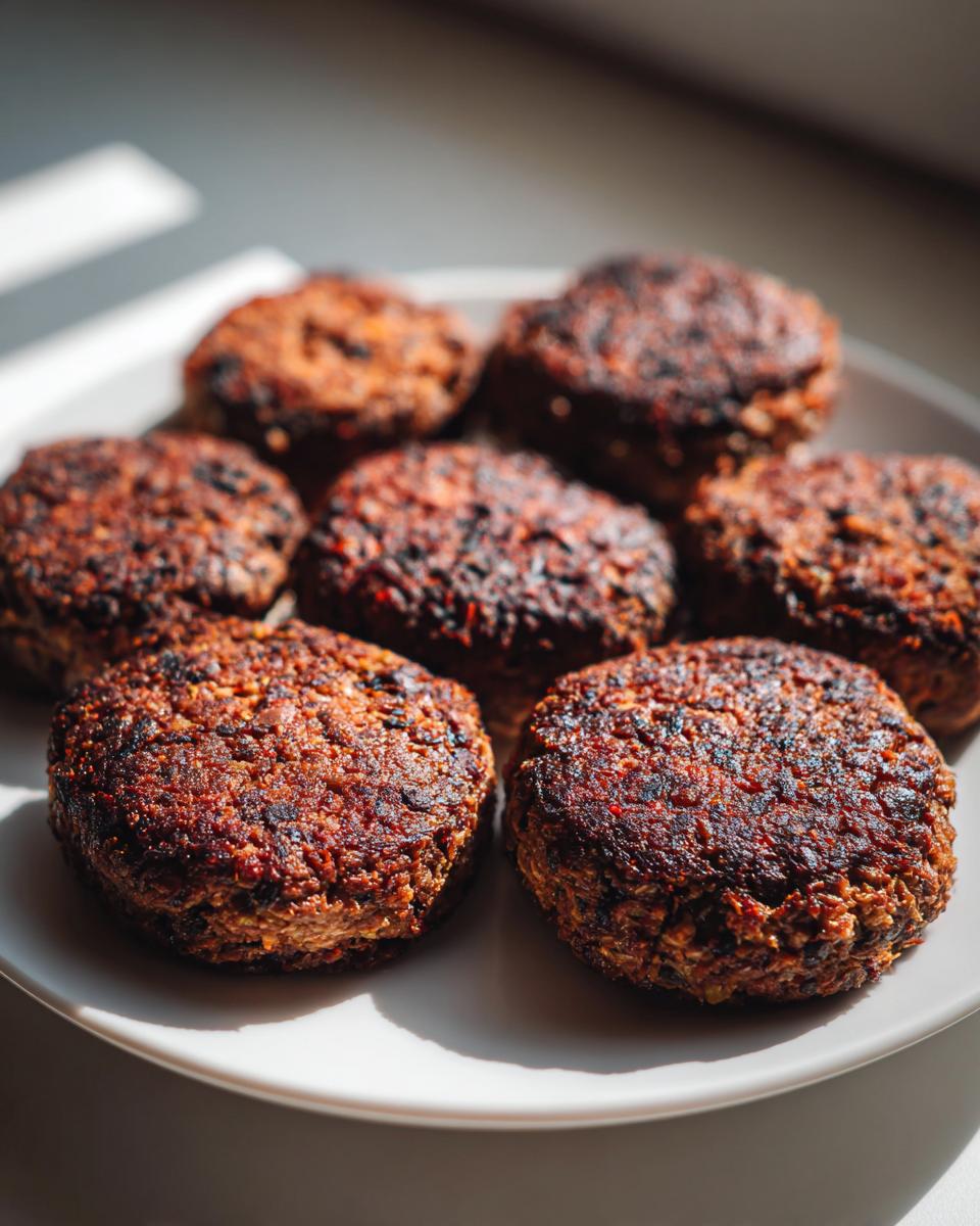 A plate of seven perfectly cooked black bean burgers, lightly browned and textured.