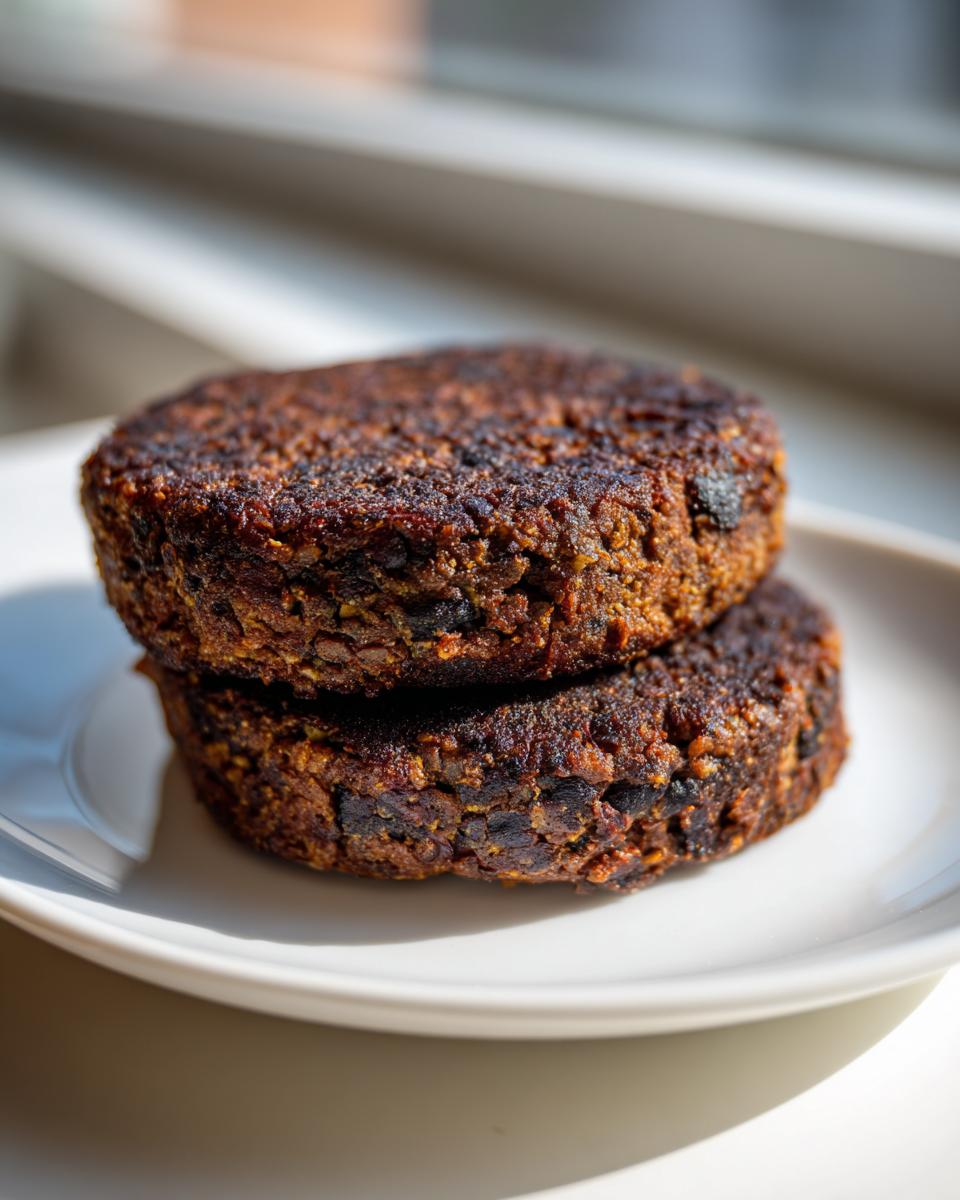 Close-up of two perfectly cooked black bean burgers stacked on a white plate.