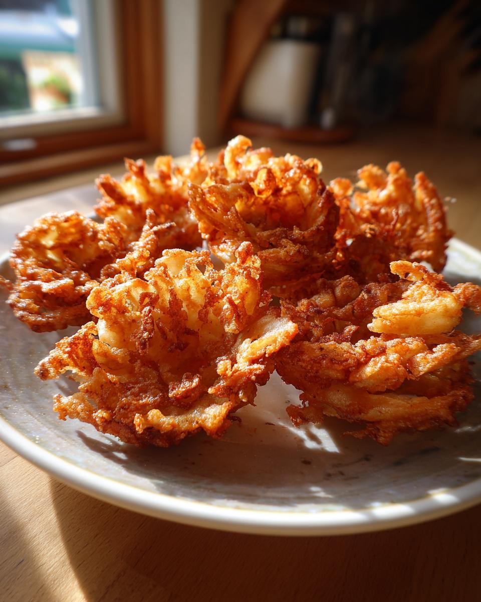 Close-up of a plate filled with golden-brown, crispy blooming onion appetizers.