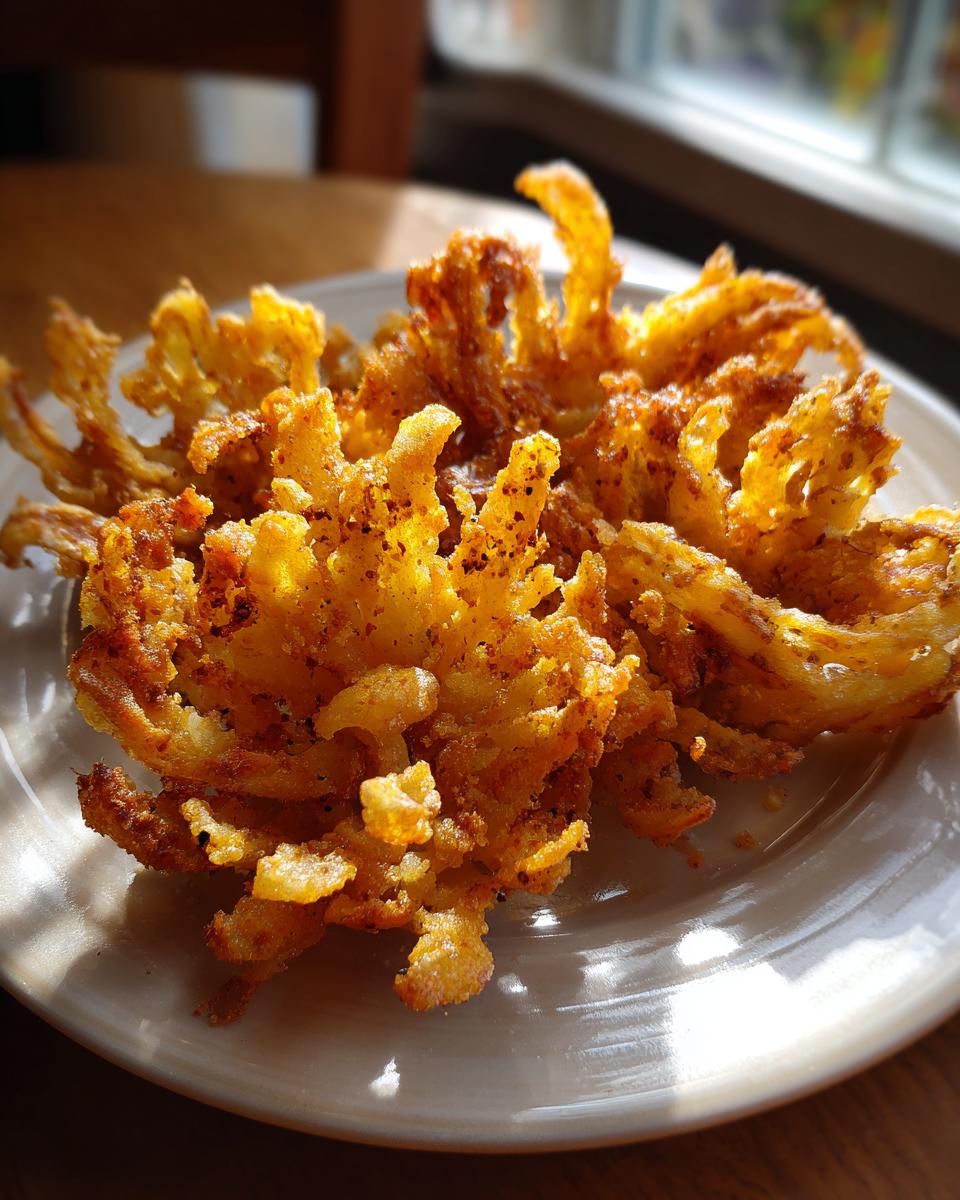 A close-up of a perfectly fried blooming onion appetizer, golden brown and crispy, on a white plate.