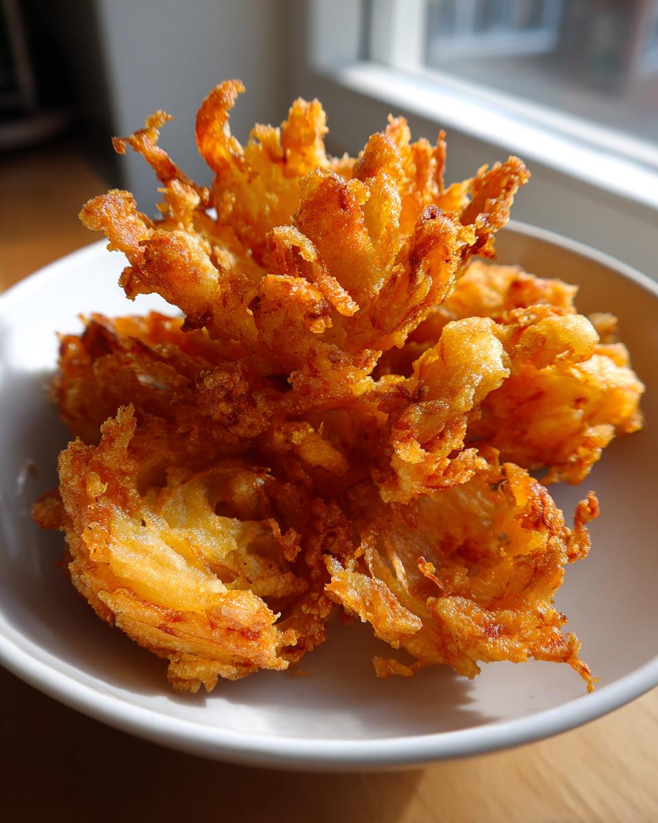 A close-up of a golden-brown, crispy blooming onion appetizer served in a white bowl.