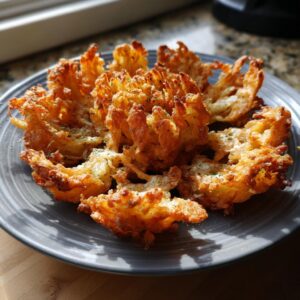 A golden-brown, crispy blooming onion appetizer served on a gray plate, sprinkled with herbs.