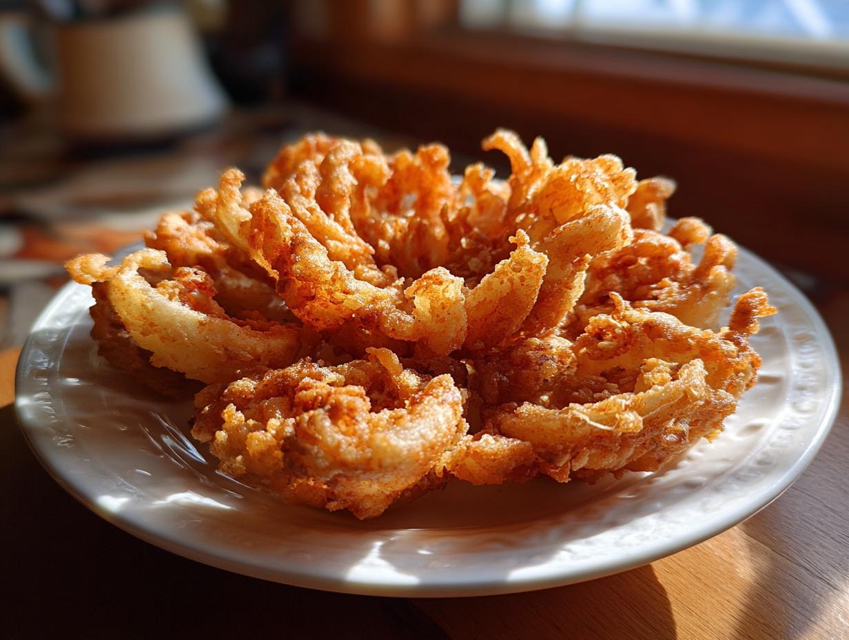 A perfectly golden fried blooming onion appetizer served on a white plate, showcasing its crispy petals.
