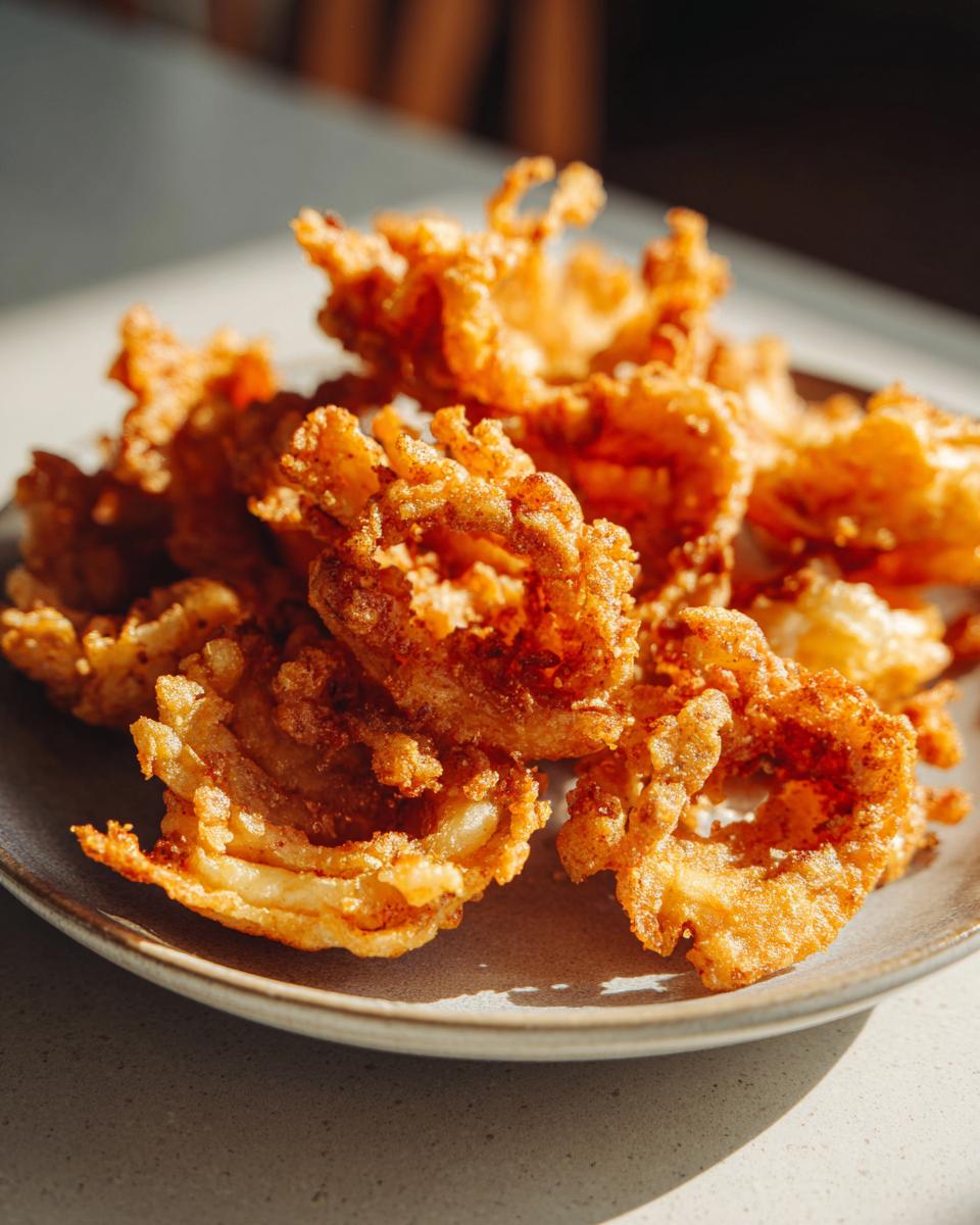 A close-up shot of a plate full of golden-brown, crispy blooming onion petals.