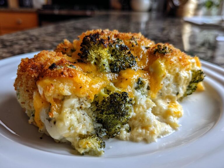 A close-up of a comforting slice of broccoli cheese casserole, featuring melted cheddar and a golden breadcrumb topping.