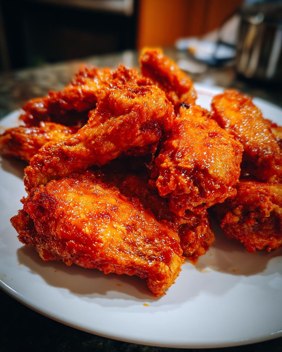A close-up of a pile of glossy, red Buffalo chicken wings on a white plate.